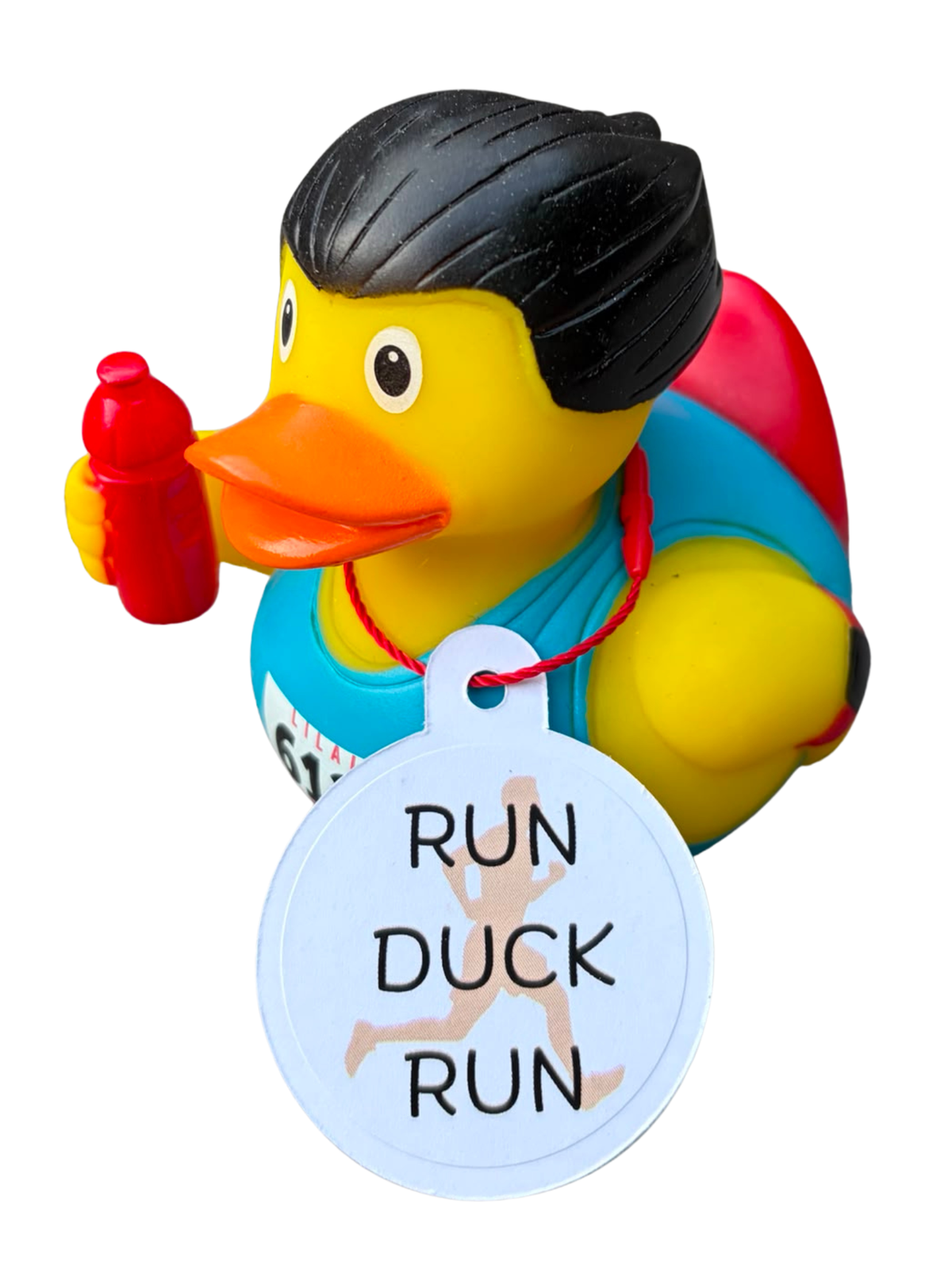 Gele hardloperbadeend met zwart haar, blauw sportshirt, rode bidon en een hangtag met de tekst ‘Run Duck Run’.