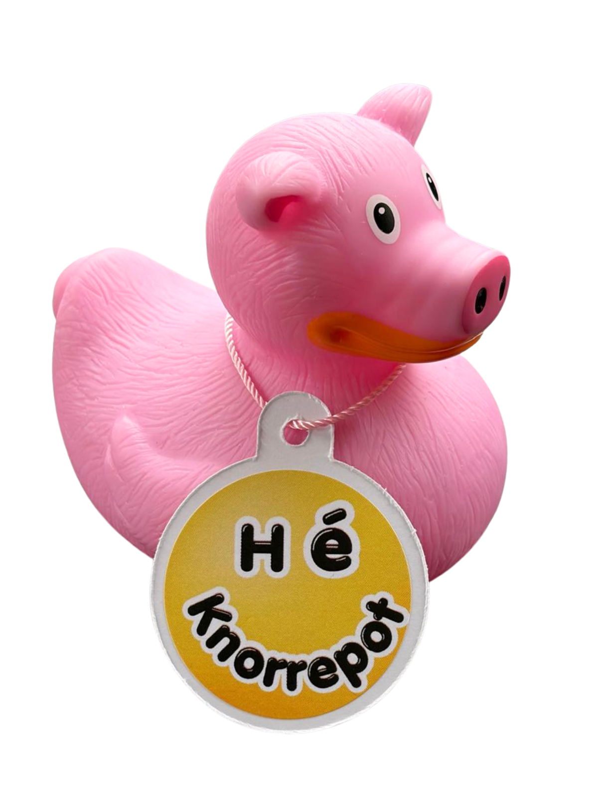 Roze varkensbadeend met een gele hangtag met de tekst ‘Hé Knorrepot’.
