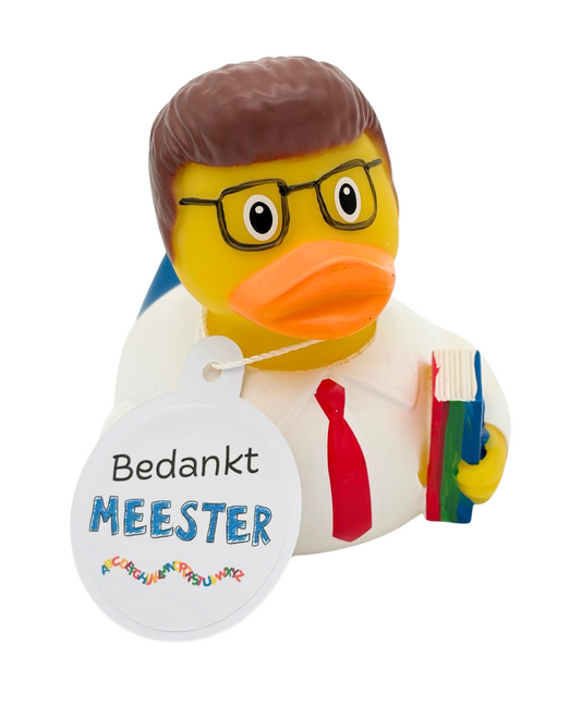 Gele meesterbadeend met bruin haar, bril, wit overhemd, rode stropdas en boeken, met een witte hangtag ‘Bedankt MEESTER’.