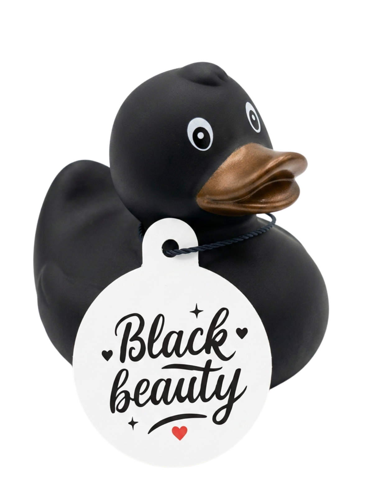 Zwarte badeend met bronskleurige snavel en een witte hangtag met de tekst ‘Black beauty’.