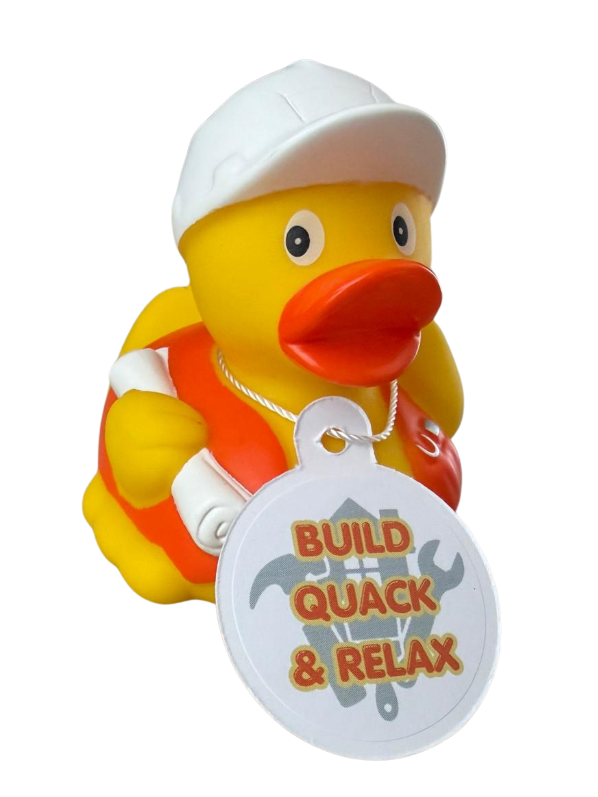 Gele bouwvakkerbadeend met witte helm, oranje vest, bouwtekening en een hangtag met de tekst ‘Build, Quack & Relax’.