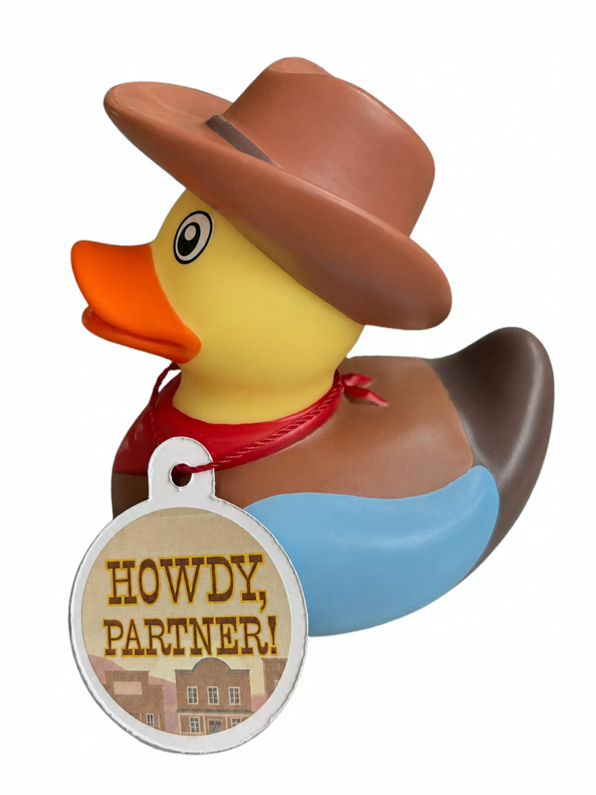 Met hoed op: “Gele cowboybadeend met bruine hoed, rode halsdoek en een hangtag met de tekst ‘Howdy, partner!’.”