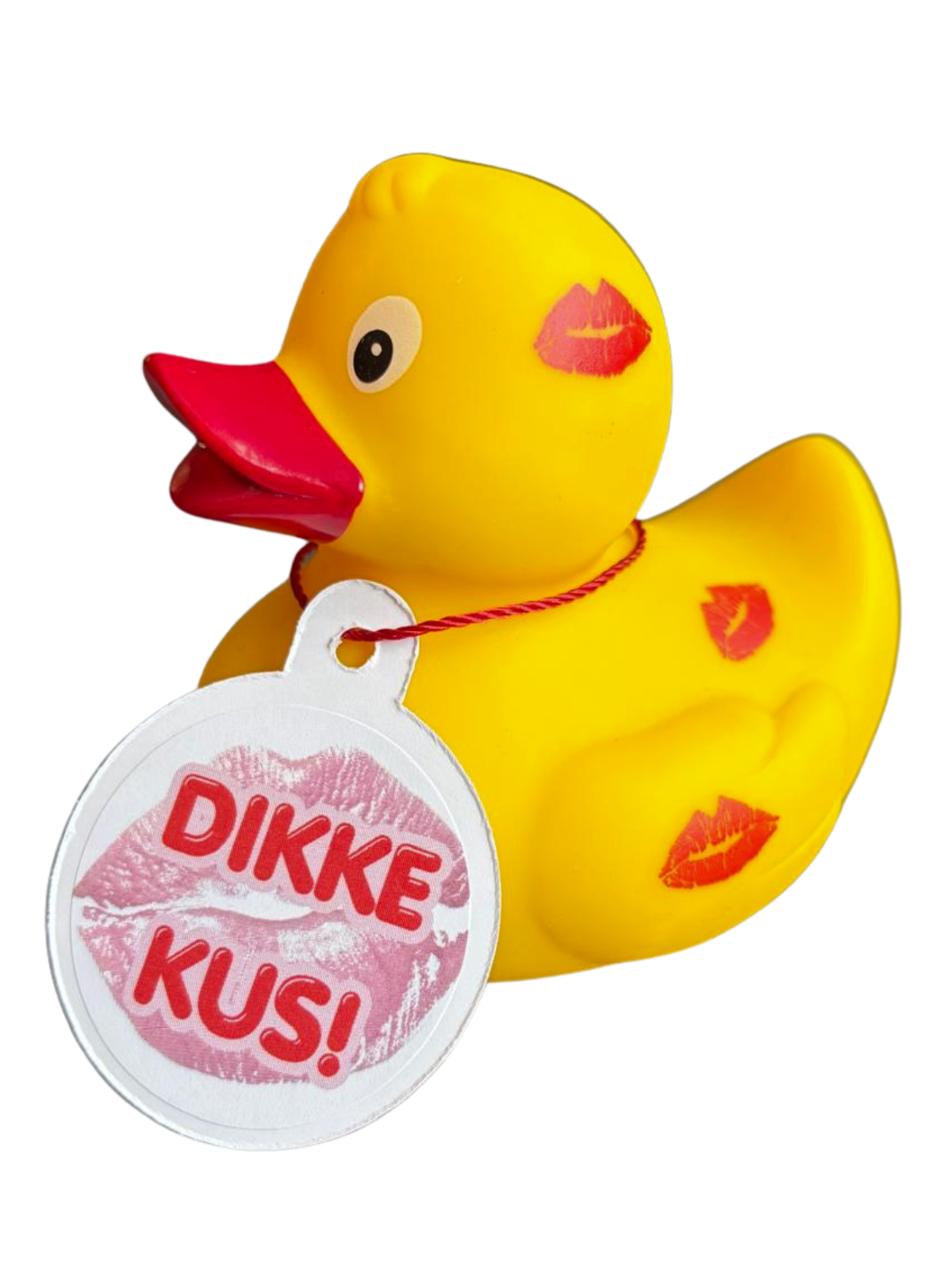 Gele badeend met rode snavel, kusafdrukken en een hangtag met de tekst ‘Dikke kus!’.