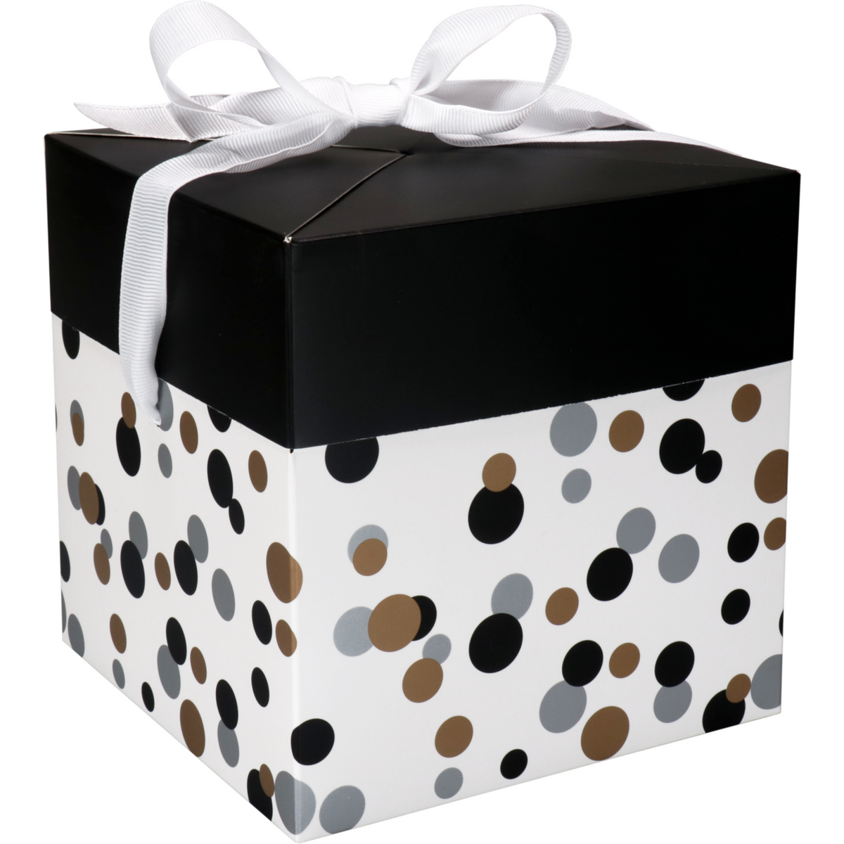 Cadeaudoosje 15x15cm met zwarte deksel, witte strik en zwarte, gouden en grijze stippen.