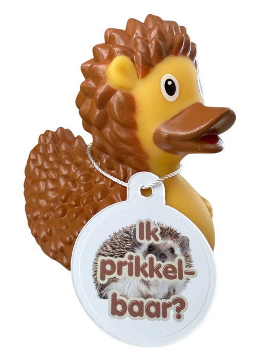 Egelbadeend met bruine stekels, geel gezicht en een hangtag met een egeltje en de tekst ‘Ik prikkelbaar?’.