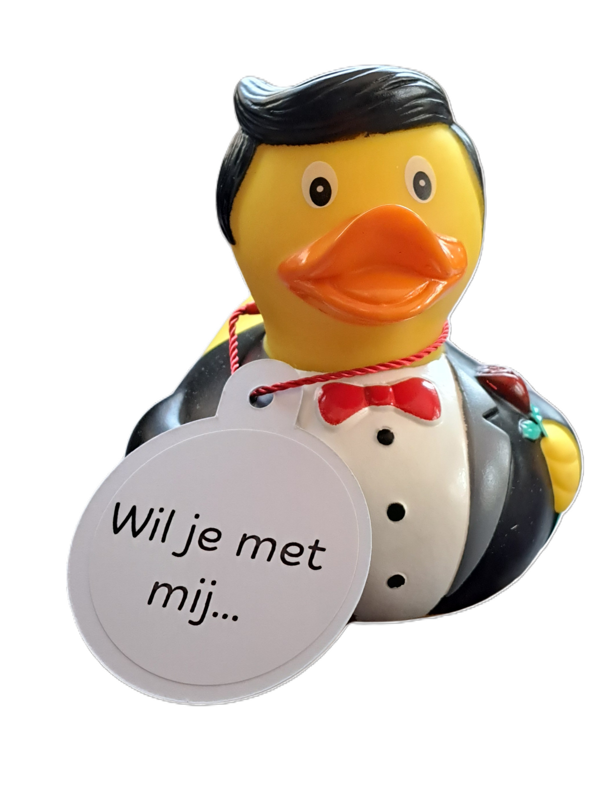 Gentleman-badeend in zwart pak met rode vlinderdas en een rode roos, met een witte hangtag ‘Wil je met mij...’.