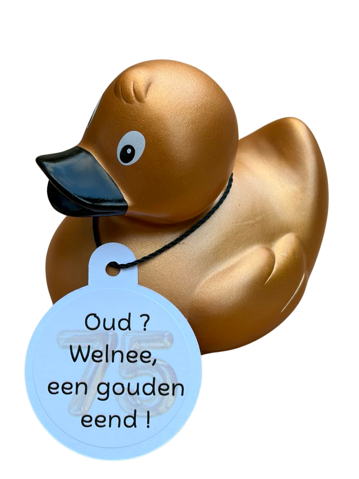 Goudkleurige badeend met zwarte snavel en een hangtag met het getal 75 en de tekst ‘Oud? Welnee, een gouden eend!’.