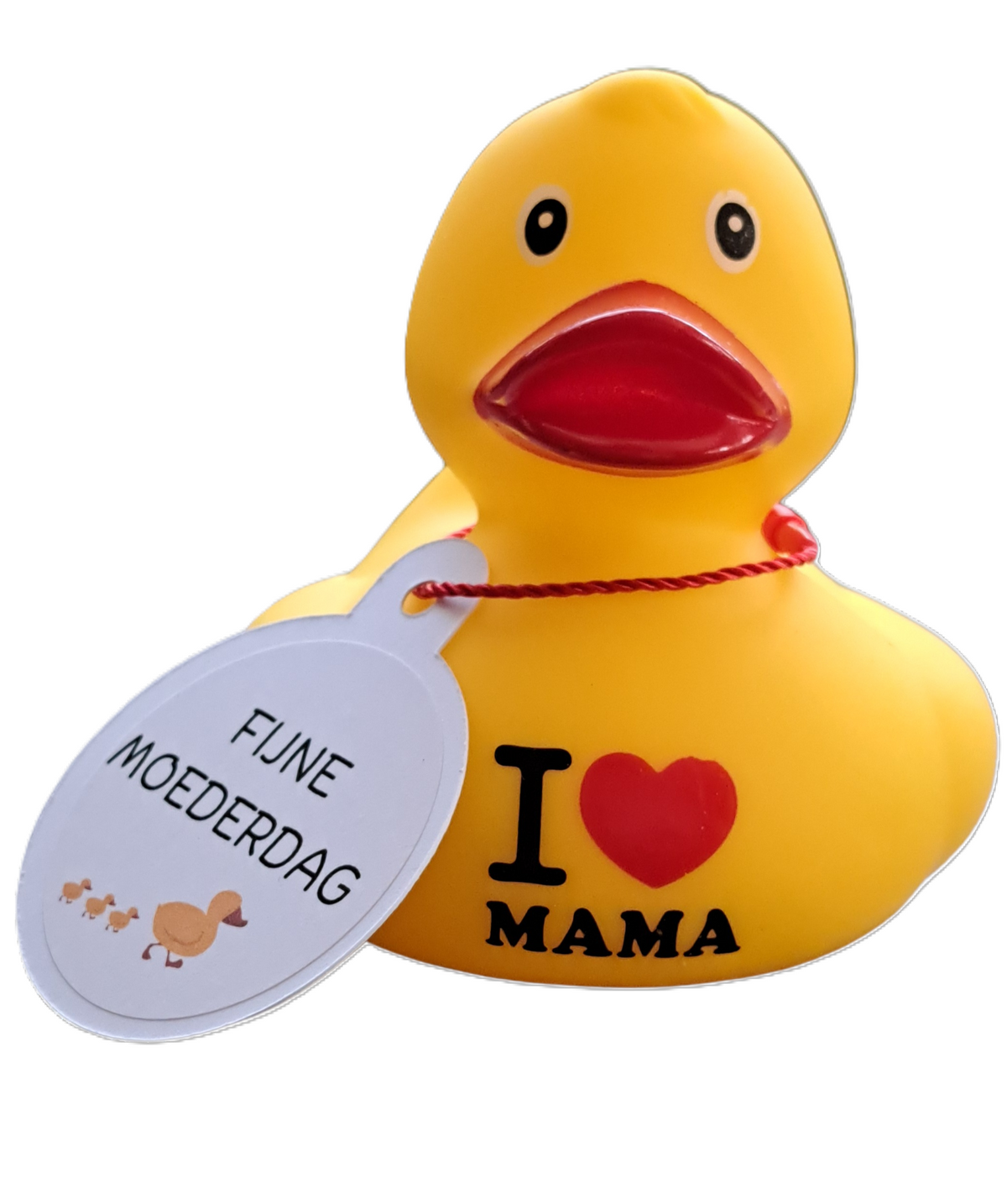 Gele badeend met ‘I love mama’ op de buik en een witte hangtag met de tekst ‘Fijne moederdag’, van voren gezien.