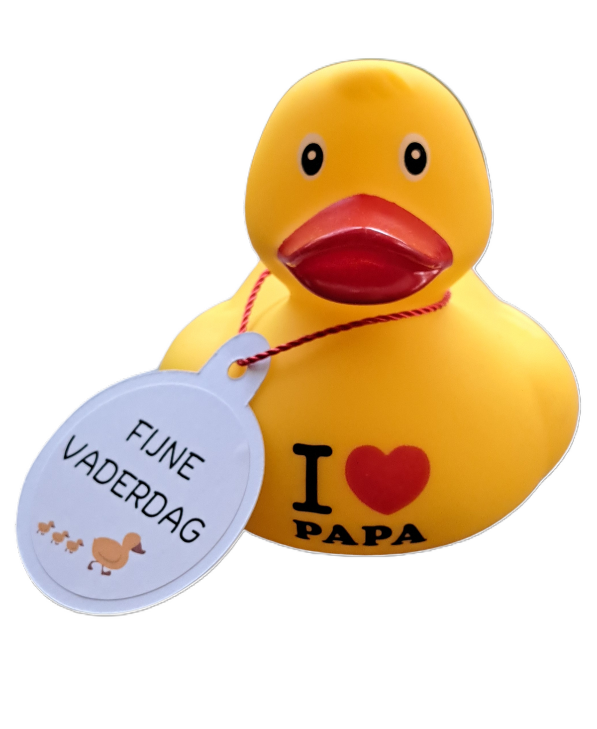 Gele badeend met ‘I love papa’ op de buik en een witte hangtag met de tekst ‘Fijne vaderdag’, van voren gezien.