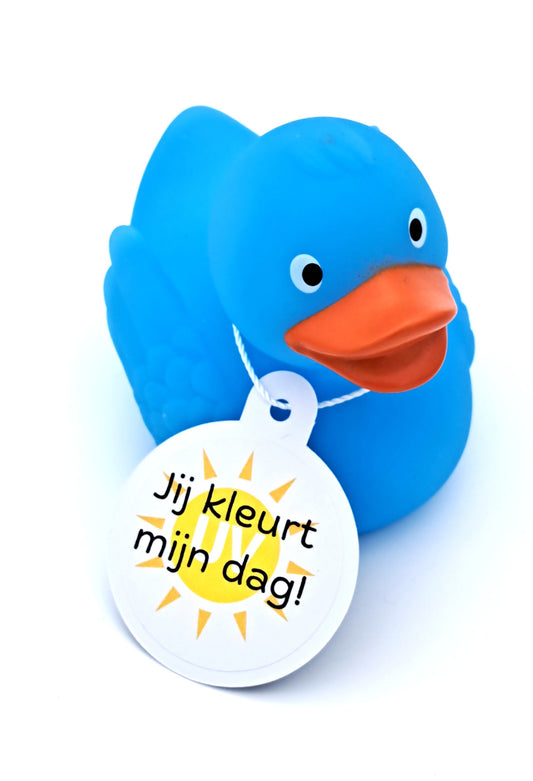 Blauwe badeend met oranje snavel en een witte hangtag met een geel zonnetje en de tekst ‘Jij kleurt mijn dag!’.