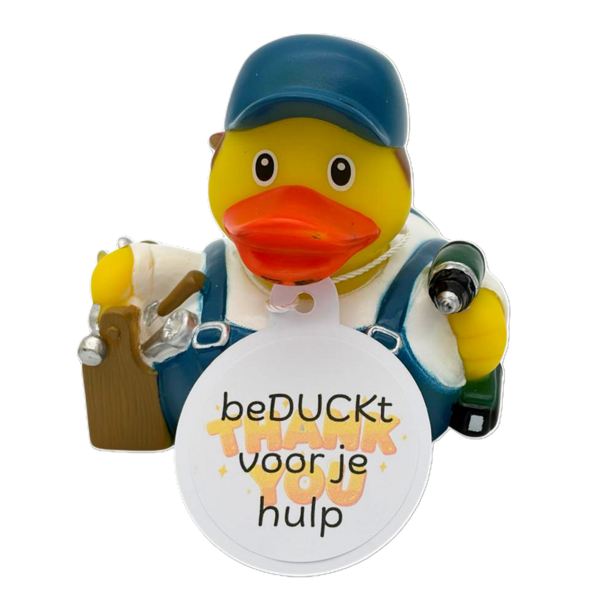Gele klusser-badeend met blauwe pet en overall, gereedschap en boormachine, met een witte hangtag met de tekst ‘beDUCKt voor je hulp’.