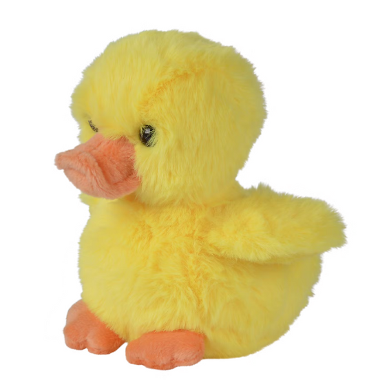 Gele pluche eend met oranje snavel en pootjes en kleine gele vleugels.