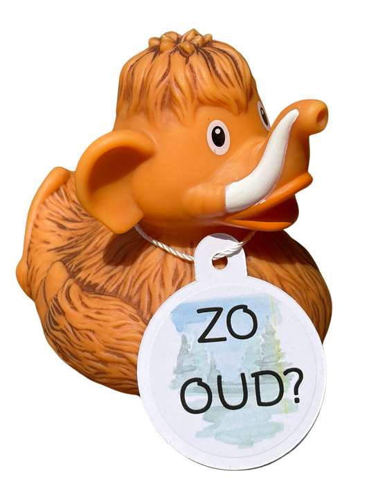 Bruine mammoetbadeend met slurf, witte slagtanden en een hangtag met de tekst ‘Zo oud?’.