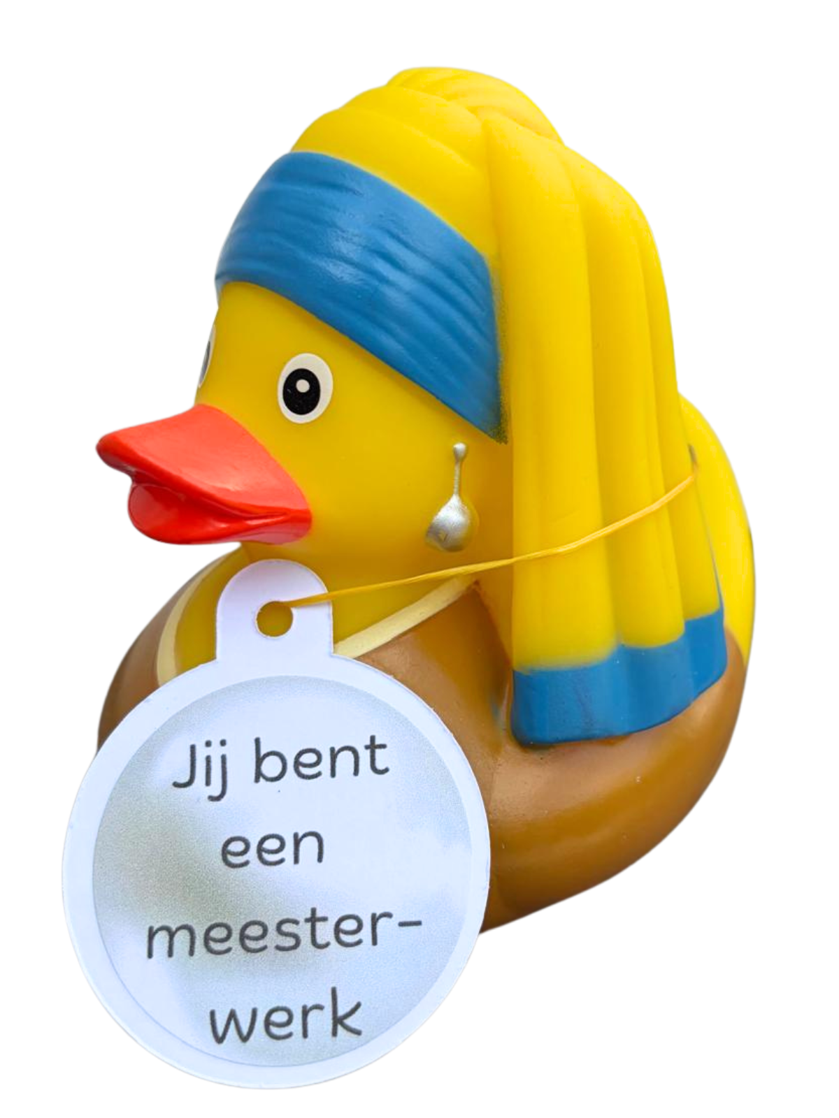 Badeend als Meisje met de parel, met blauw-gele hoofddoek, pareloorbel en hangtag ‘Jij bent een meesterwerk’.