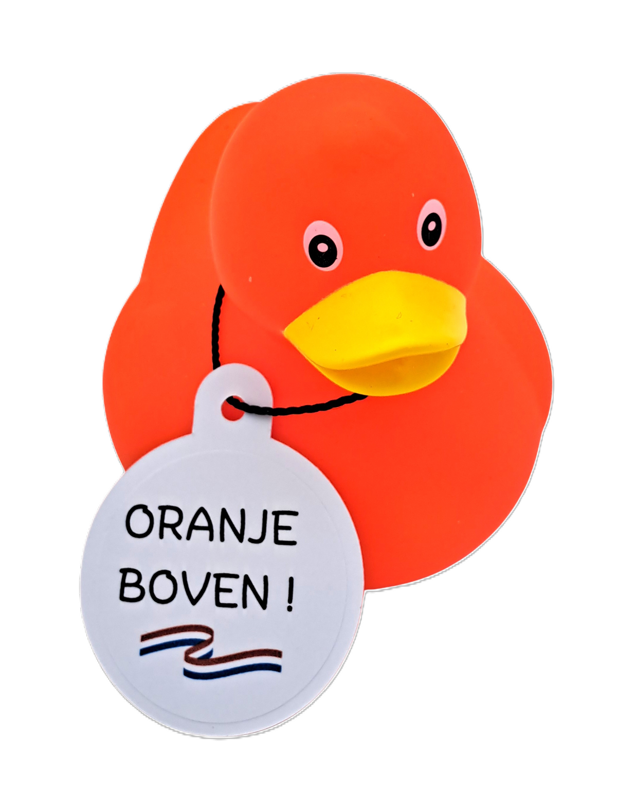 Oranje badeend met gele snavel en een witte hangtag met de tekst ‘Oranje boven!’ en een rood-wit-blauw lint.