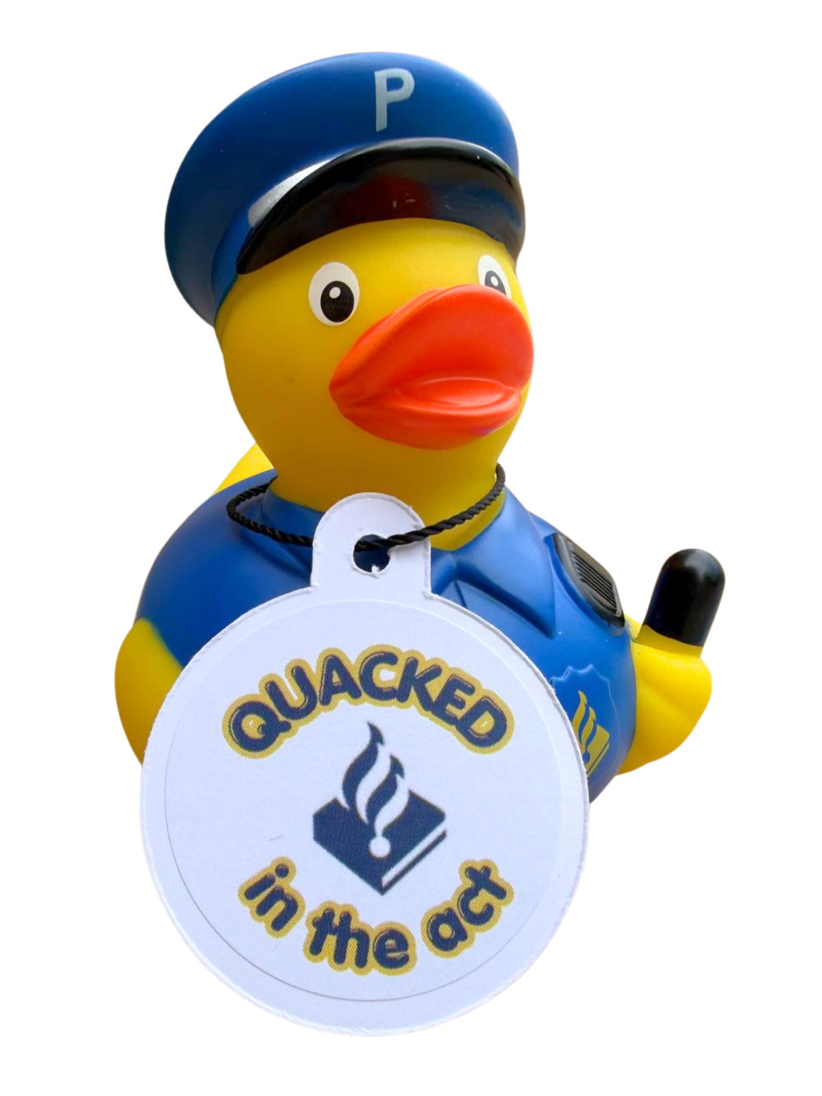 Gele politieagentbadeend met blauwe pet, blauw uniform en een hangtag met de tekst ‘Quacked in the act’.