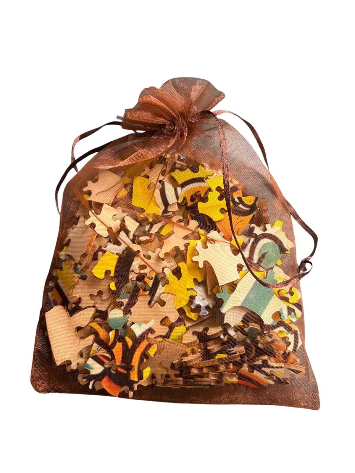 Houten Mister Duck-puzzelstukjes in een bruin doorschijnend zakje met trekkoord.”