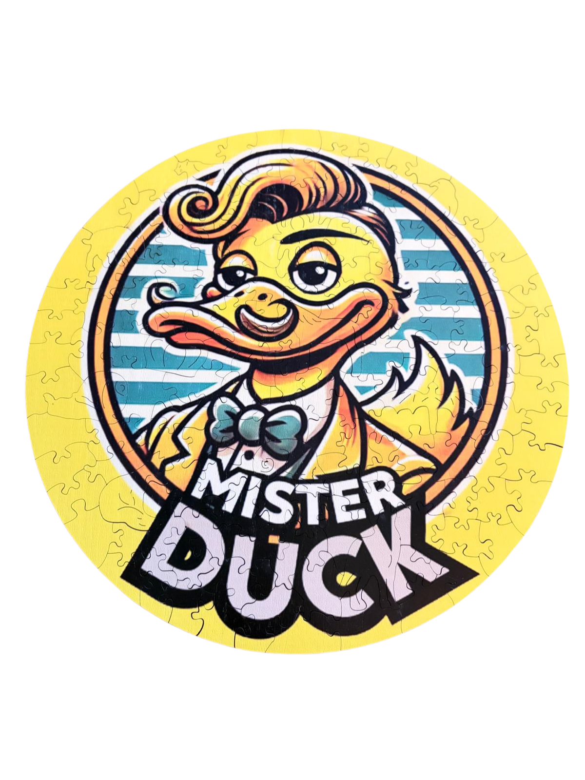 Complete ronde houten puzzel met gele rand, een getekende eend en de tekst ‘Mister Duck’.”