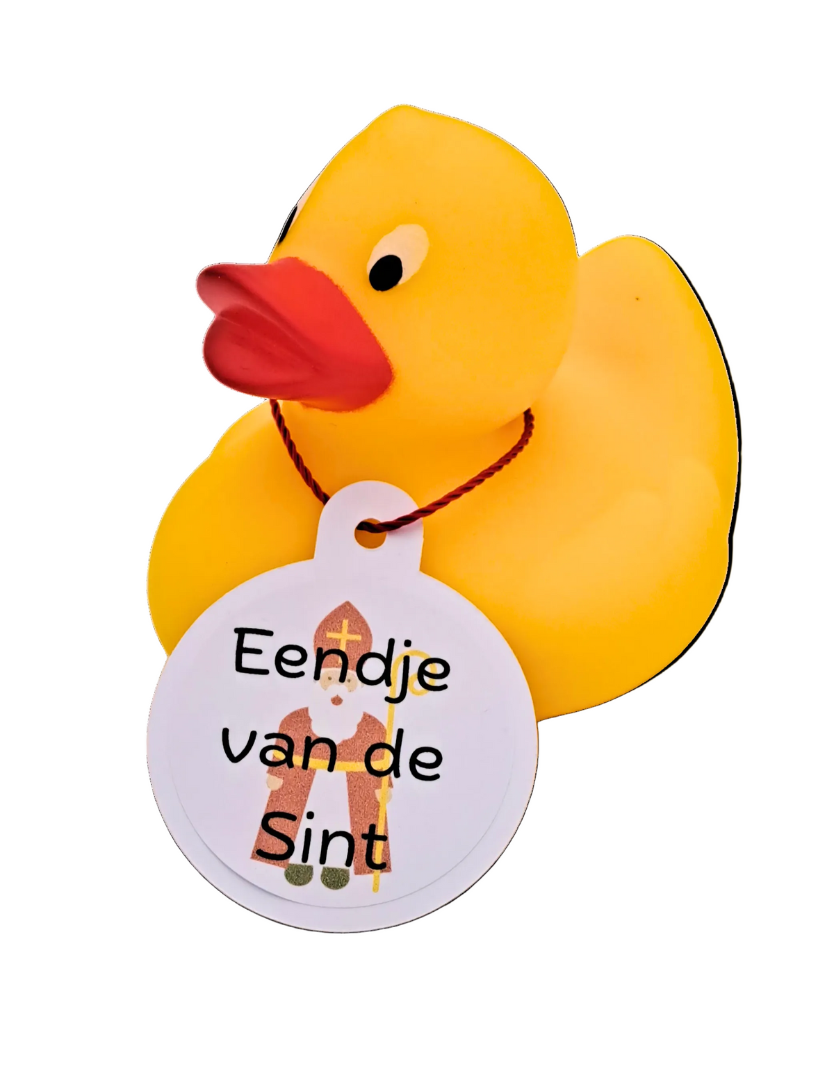 Gele badeend met oranjerode snavel en een witte hangtag met een Sinterklaasillustratie en de tekst ‘Eendje van de Sint’.