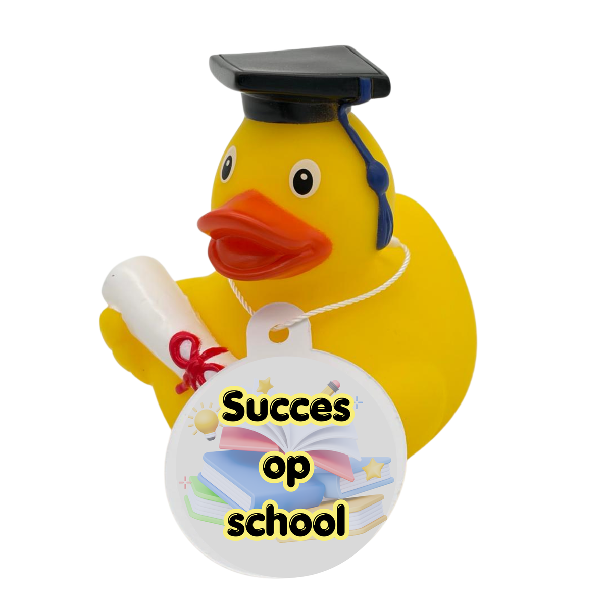 Gele badeend met zwarte afstudeerhoed, diploma en een hangtag met de tekst ‘Succes op school’.