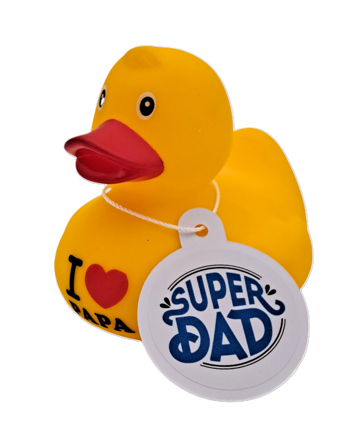 Gele badeend met ‘I love papa’ op de buik en een ronde witte hangtag met de tekst ‘Super DAD’, schuin van voren gezien.