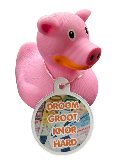 Roze varkensbadeend met een hangtag met eurobiljetten en de tekst ‘Droom groot, knor hard’.