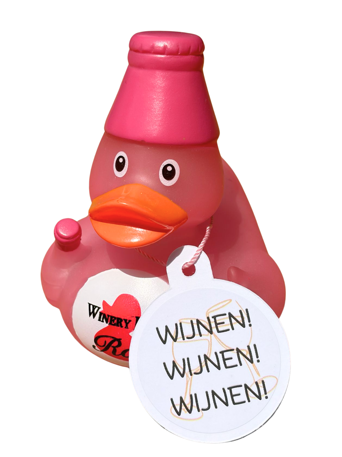 Roze badeend in wijnflesvorm met oranje snavel en een hangtag met de tekst ‘Wijnen! Wijnen! Wijnen!’.