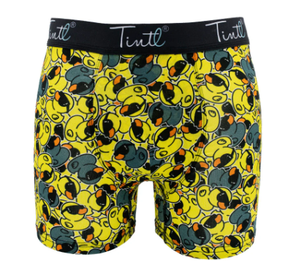 Boxershort met een patroon van gele en blauwgrijze badeenden met zwarte zonnebrillen en oranje snavels, en een zwarte tailleband met het Tintl-logo.