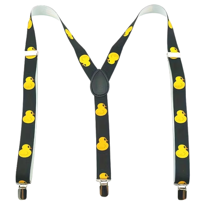 warte Y-vormige bretels met gele badeendjes, verstelgespen en drie zilverkleurige clips.