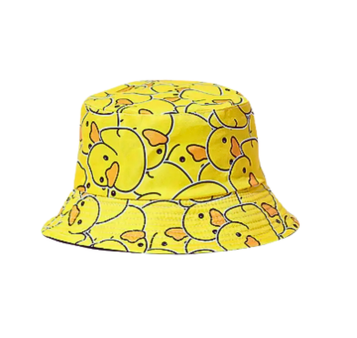 Gele buckethat met een patroon van zwart omlijnde badeenden met oranje snavels.