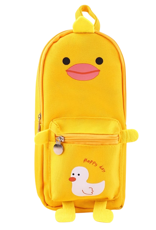 Gele etui in eendvorm met roze snavel, voorvak met ritssluiting en een wit eendje met de tekst ‘Happy day’.