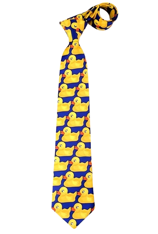 Donkerblauwe stropdas met een patroon van gele badeenden met oranje snavels.